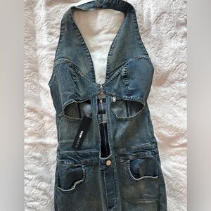 Fashion Nova Cutout Denim Halter Jumpsuit - Blue Wash